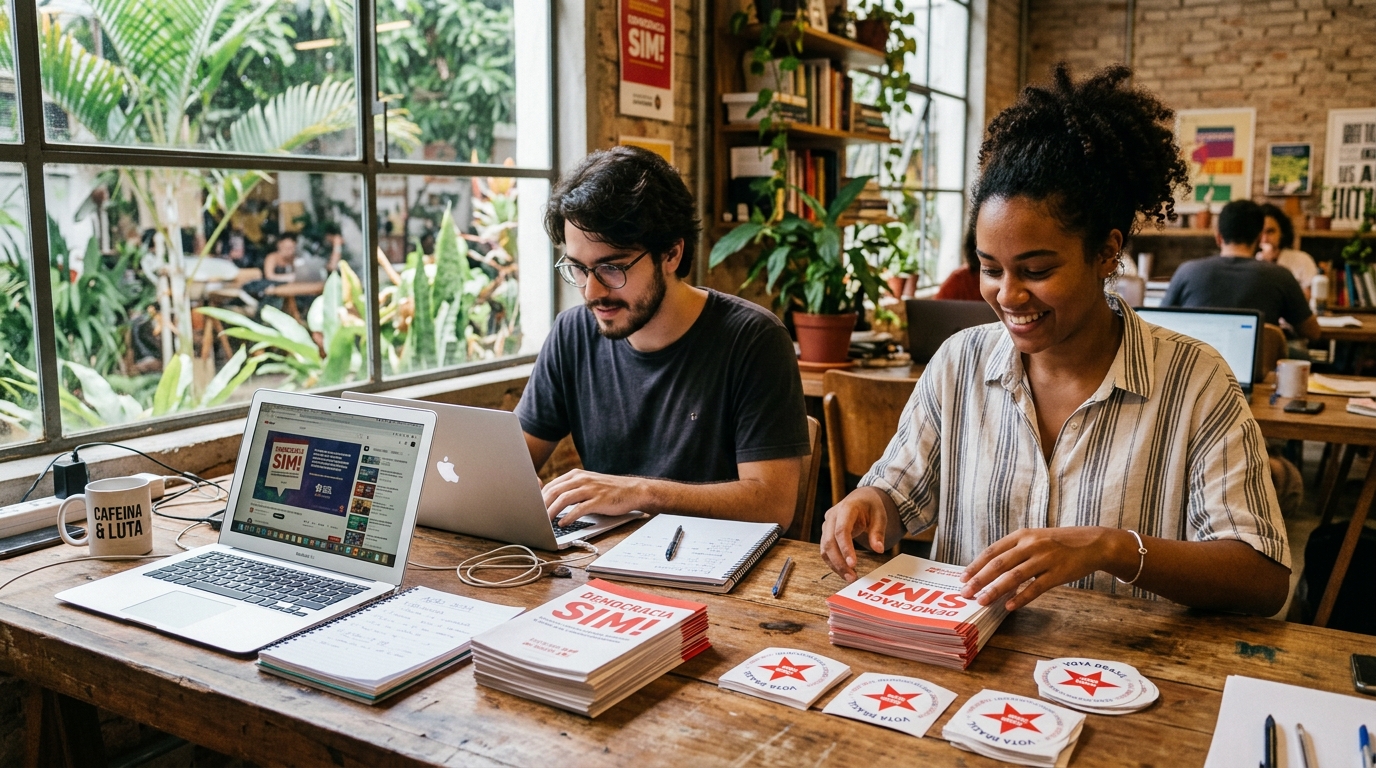 Jovens brasileiros organizando materiais da campanha